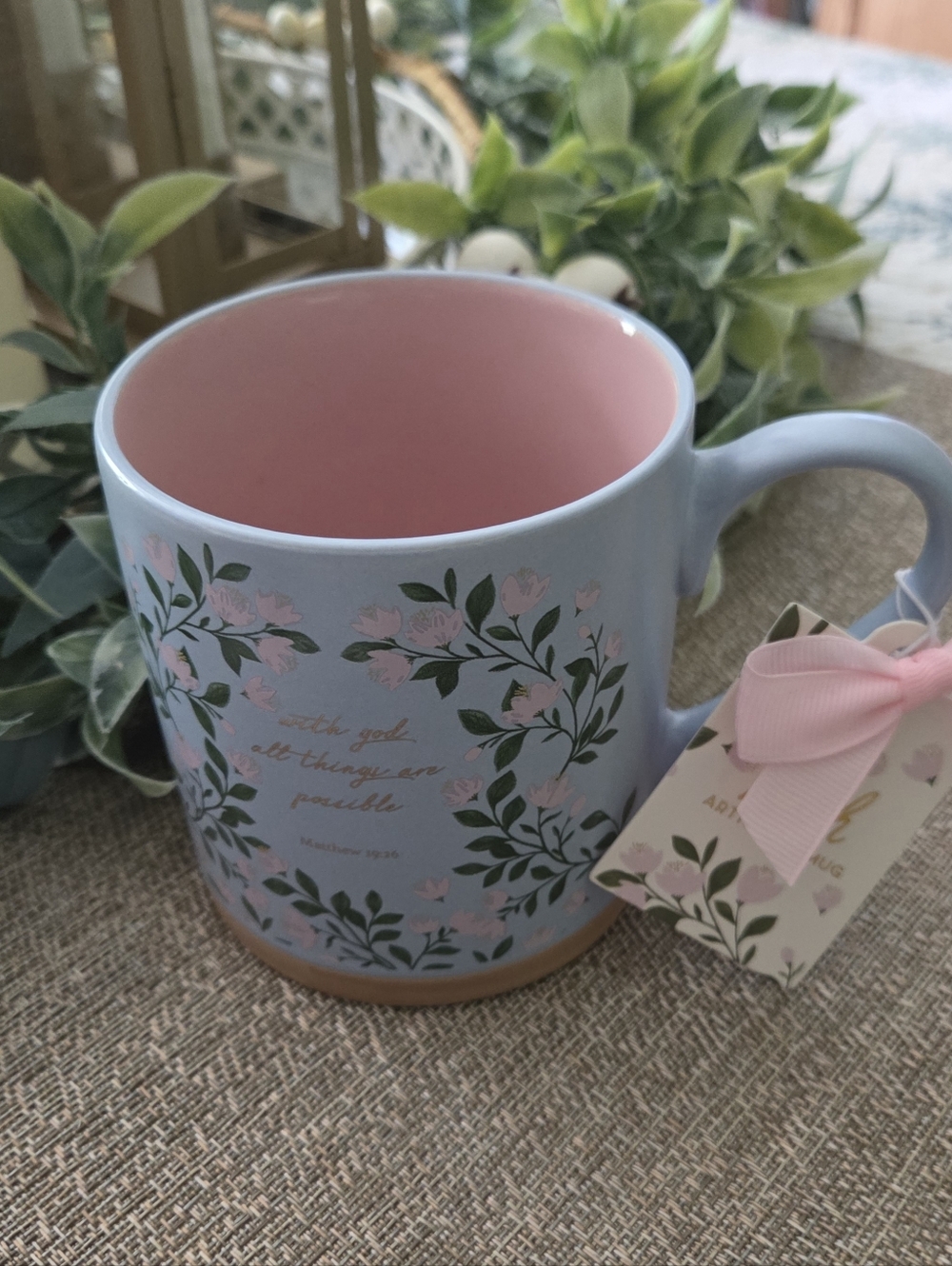 Blue and Pink Floral Ceramic Mug - Inspirational Scripture Design